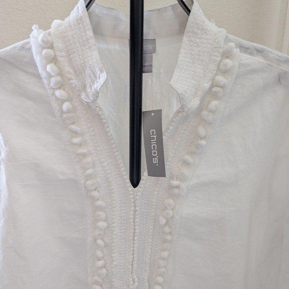 Chico’s Linen Prince Embellished Kurta Tunic Top White Pom Pom Trim Size 2 US 12 - Picture 2 of 9